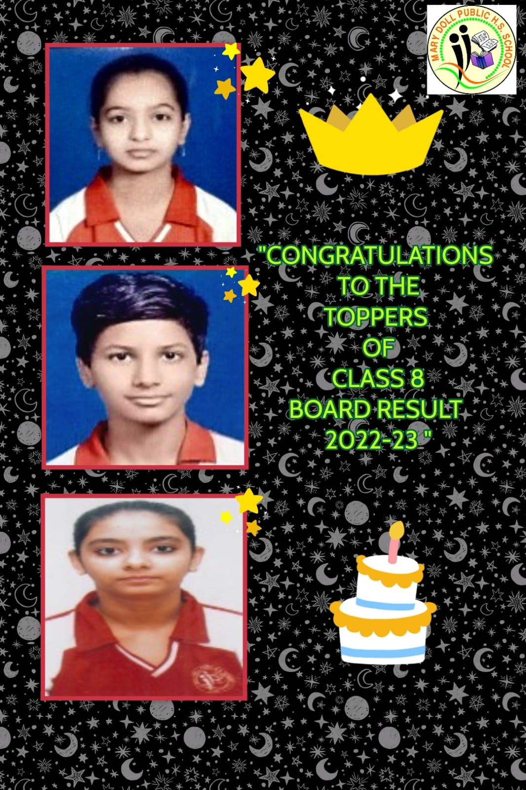 CONGRATULATIONS to the Topper students of the school in CLASS 8 MP Board Exam Result 2022-23